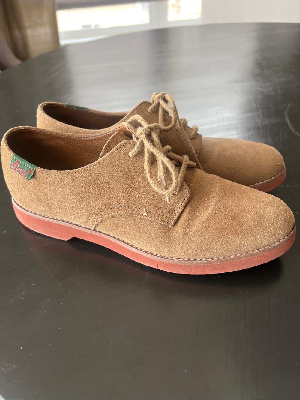 G.H. Bass & Co. Suede Dirty Buc Shoes in Tan with Red-Orange Sole